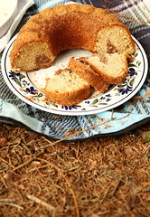 cake on table cloth patterned fabric