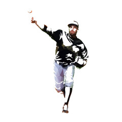 Baseball pitcher throwing ball, isolated low poly vector illustration. Baseball player front view