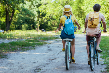 Obraz premium back view of couple riding retro bicycles in park on summer day