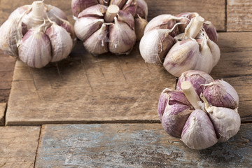 Fresh garlic on white background. Garlic cloves. Peeled garlic bulbs on jute.