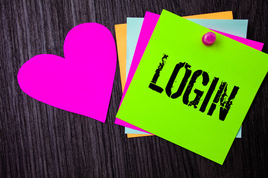 Conceptual hand writing showing Login. Business photo text Act of entering into a computer database or system Starting session Pinned multi colour cards heart polish dark lining background.