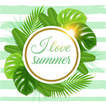 Summer tropical background with green palm leaves.