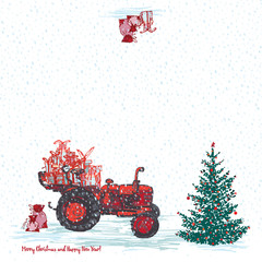 Festive New Year 2019 card. Red tractor with fir tree decorated red balls and holiday gifts White snowy seamless background