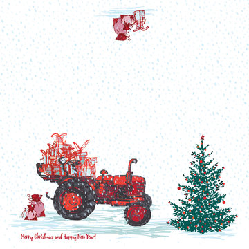 Festive New Year 2019 Card. Red Tractor With Fir Tree Decorated Red Balls And Holiday Gifts White Snowy Seamless Background