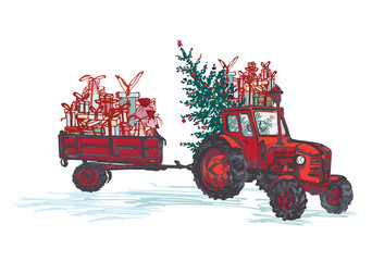 Festive New Year 2019 card. Red tractor with fir tree decorated red balls and holiday gifts isolated on white background © zzayko
