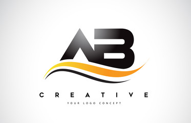 AB A B Swoosh Letter Logo Design with Modern Yellow Swoosh Curved Lines.