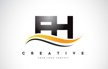 FH F H Swoosh Letter Logo Design with Modern Yellow Swoosh Curved Lines.
