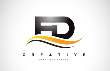 FD F D Swoosh Letter Logo Design with Modern Yellow Swoosh Curved Lines.