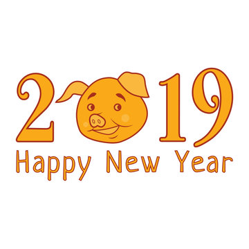 Vector 2019 Happy New Year text with funny pig. Chinese symbol of the year. Design element for greeting card, calendar or brochure. Isolated on white background.