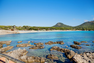 Fototapeta na wymiar Cala Agulla beach in Cala Ratjada on Majorca island, Spain Mediterranean Sea, Balearic Islands.
