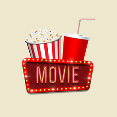 Vector pop corn basket, red cola cup and movie sign on light background. Cinema banner template. 