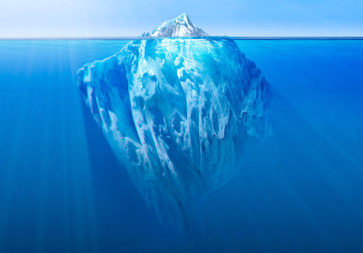 Iceberg in the ocean with visible underwater part. Global warming concept. 3D illustration