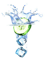 Ice cubes and cucumber falling into water, hand drawn illustration isolated on white background
