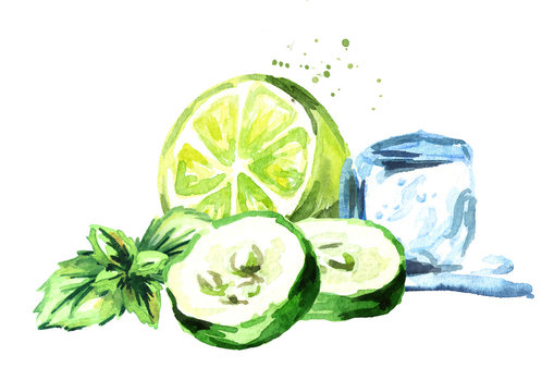 Ice cube, cucumber and green lime with mint composition isolated on white background. Watercolor hand drawn illustration.tif