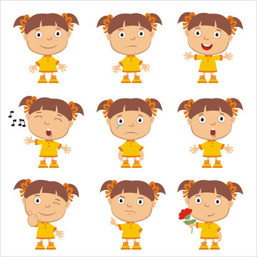 Set of emoticons of funny girl in different poses isolated on white background.