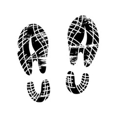 Footprints and shoeprints icon in black and white showing bare feet and the imprint of the soles with patterns of male and female footwear. Shoes boots imprint