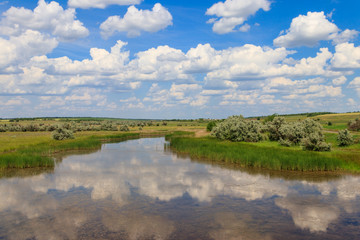 Fototapeta na wymiar Summer landscape with small river and blue cloudy sky