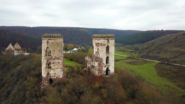 Aerial view of the ruins of the Chervonohorod Castle. Ternopil region. Ukraine
