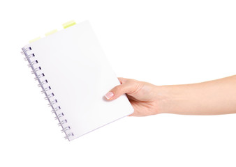 Notepad in hand on white background isolation