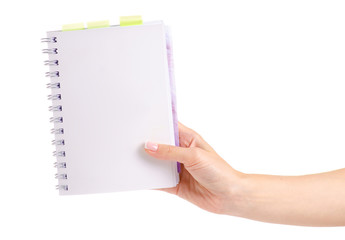 Notepad in hand on white background isolation