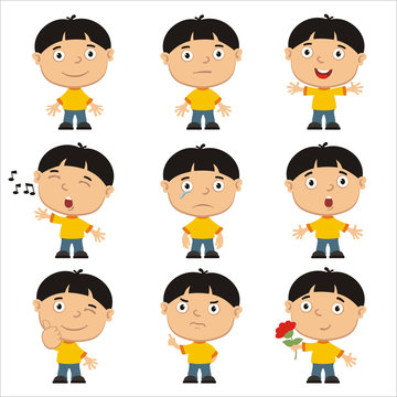 Set of emoticons of funny boy with black hair in different poses isolated on white background.
