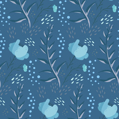 Tender blue fantasy floral seamless pattern with hand drawn flowers, leaves, waterdrops. Doodle botancal texture for textile, wrapping paper, print design, background, surface