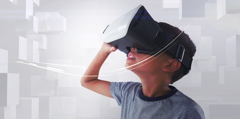Close-up of boy wearing VR headset
