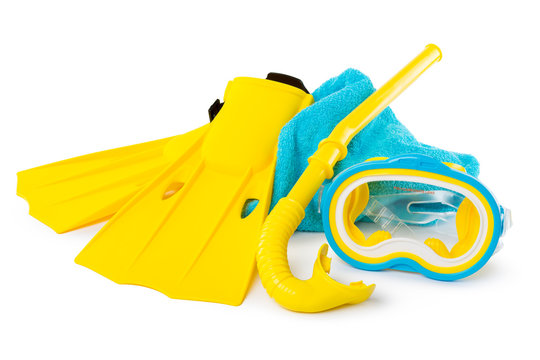 Diving equipment goggles,snorkel and flippers on white background.