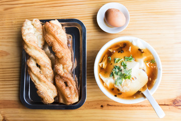 Top view of Chinese breakfast. Chinese deep fried dough and Jellied bean curd.