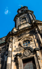 Fototapeta na wymiar Holy Cross Church or Kreuzkirche tower detail view. Largest evangelical church of Saxony located in Dresden. Germany landmarks