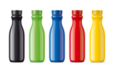 Bottles for juice, dairy drinks and other. Colored, not transparent version 