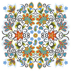 Lovely tablecloth ethnic indian flowers. Beautiful vector ornament. Card, bandana print, kerchief design, napkin. Pastel pink blue beige ornate pattern on white. Ready for print.