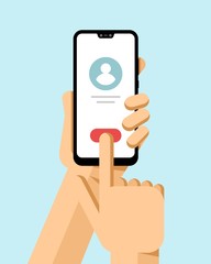 Hand holds the smartphone mockup. Calling operation. Flat vector modern phone mock-up illustration