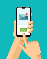 Hand holds the smartphone. Opening the email letters. Flat vector modern phone mock-up illustration