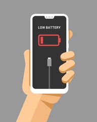 Hand holds the smartphone mockup with low battery. Flat vector modern phone mock-up illustration
