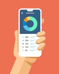 Hand holds the smartphone with financial application on screen. Flat vector modern phone mock-up illustration