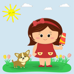 A sweet girl in a red dress and a bow holding ice cream. A Cogi puppy is sitting next to him. Glade with tulips, sun and sky. Cartoon style, flat, vector.