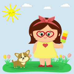 A nice girl in a yellow dress and glasses is holding ice cream. Next to him sits a puppy Corgi. Glade with tulips, sun and sky. Cartoon style, flat, vector.