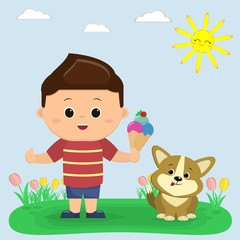 Obraz na płótnie Canvas A boy in a red T-shirt and blue shorts is holding ice cream. Next to him sits a puppy Corgi. Glade with tulips, sun and sky. Cartoon style, flat, vector.