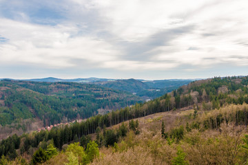 Obraz premium European Forest in scenic countryside. Beautiful aerial view at the rolling hills landscape from top of Diana Tower in Karlovy Vary