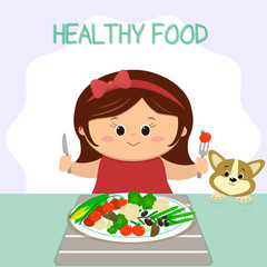 Cute girl with a bow at the table, a plate with vegetables. The puppy looks corgy. Healthy food, organic products. Cartoon style, flat, vector.