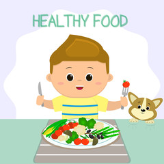 A boy in a T-shirt is sitting at a table, a plate of vegetables. The puppy looks like shit. Healthy food, organic products. Cartoon style, flat, vector.