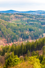 European Forest in scenic countryside. Beautiful aerial view at the rolling hills landscape from...