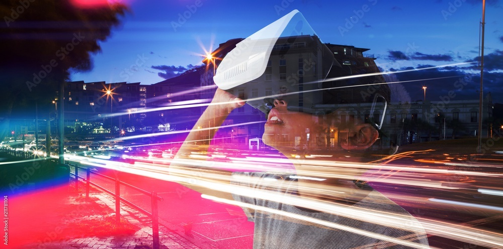 Sticker Composite image of close-up of boy wearing vr headset