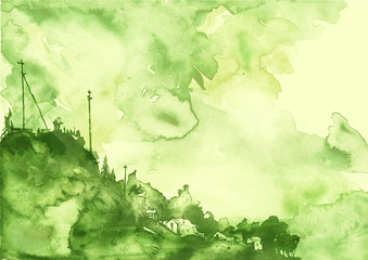 Fototapeta premium Silhouettes the village. Watercolor logo, postcard. Watercolor green background, blot, blob, splash of green paint. Splash of paint. Summer countryside landscape