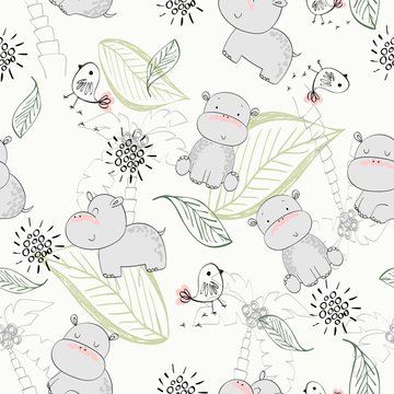 Vector hand drawn seamless pattern with leaves and hippos
