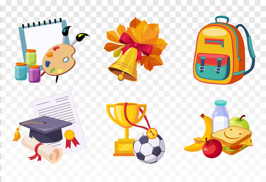 Flat vector set of icons related to school theme. Drawing lessons items, bell and backpack, square hat and diploma, sports awards and tasty lunch