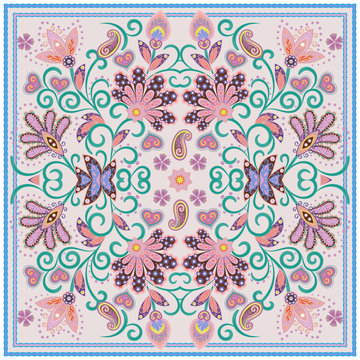 Lovely tablecloth ethnic indian flowers. Beautiful vector ornament. Card, bandana print, kerchief design, napkin. Pastel pink blue beige ornate pattern on white. Ready for print.