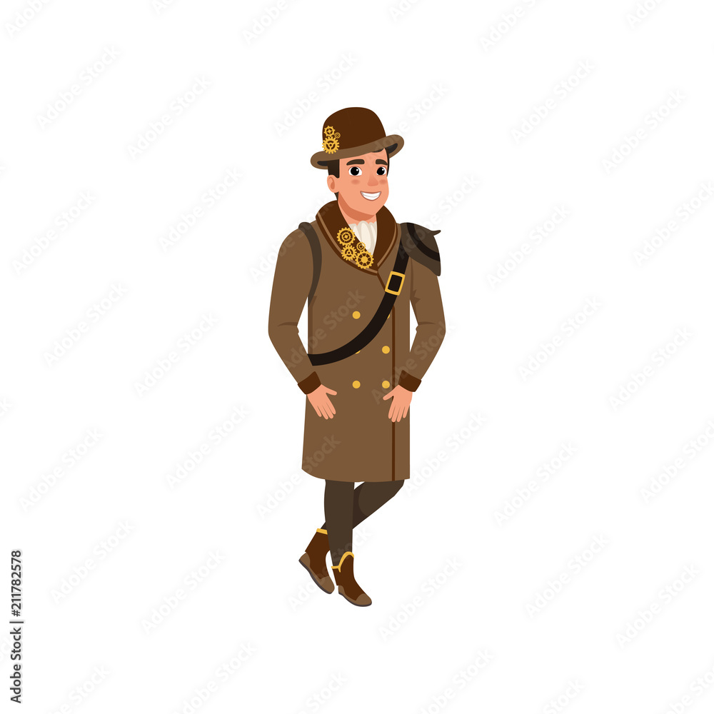 Canvas Prints gentleman in steampunk outfit. young man wearing shirt, long brown coat, boots and bowler hat with g