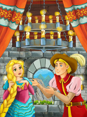 Obraz na płótnie Canvas cartoon scene with prince and princess talking together in the castle room - illustration for children 